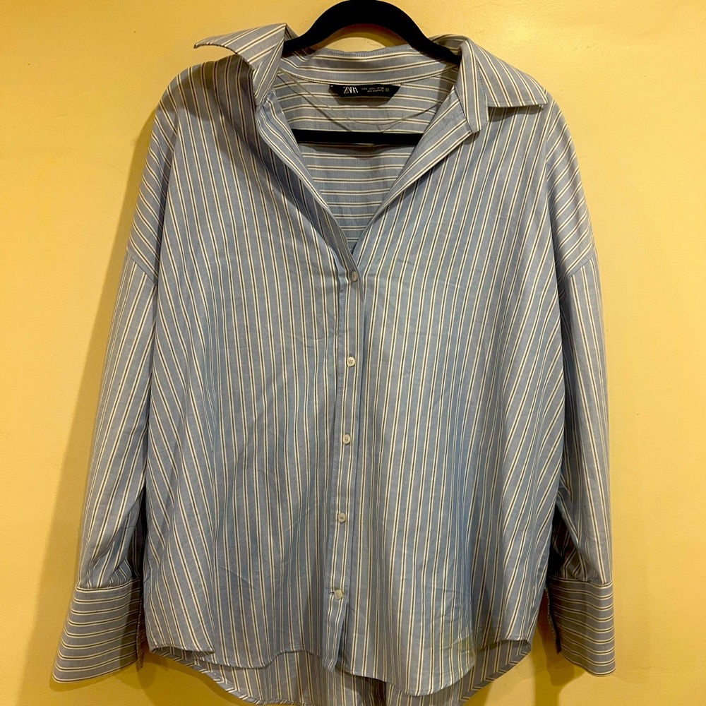 Zara Women’s Oversized Blue Striped Button-Down – Size M, made in Morocco